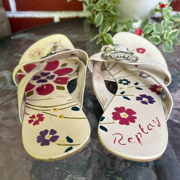 Replay | vintage white leather flower mules / flip flop sandals | size 6.5 - Picture 3 of 7